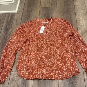 LOFT Orange and Cream Button-Up Blouse